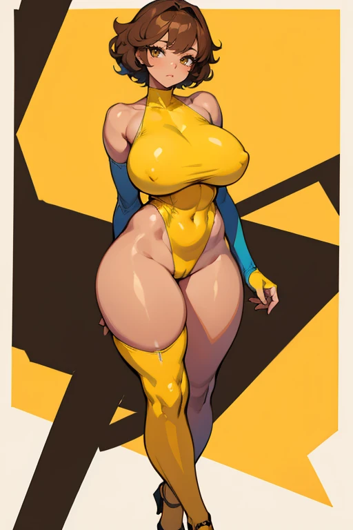 wide hips)), (huge thighs, very big thighs), big breast, young girl, Pullover, whole body to see, curly short hair, big thighs, very big breast, platform heels , thin waist, fullbody, standing, front pose, yellow high cut leotard, sleveless, shoulderless, yellow stockings, Brown skin, tanned, very high cut leotard,
