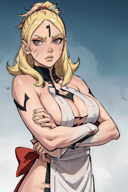 (best quality:1.3), (4K quality), Delta for Boruto, blond hair, ((detailed face)), ((flush)), (tetas grandes), ((apron on naked body, cuisine)), ((bare shoulders)), bare arms,