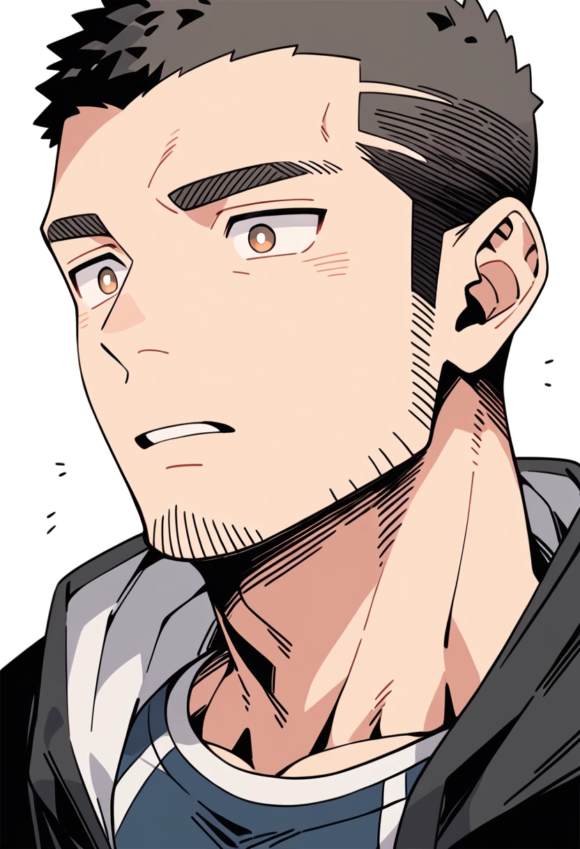 anime characters:Priapus, Muscle Sports Student, Buzz Cut, Manliness, male focus, Sports tight hooded sweatshirt, Very tight, full and perky chest muscles, muscular male, muscular, only, Upper body, alone, Black short hair, Thick eyebrows, stubble, Brown-red pupils, White background, simple background, amazing quality, best aesthetics, Ridiculous, crew cut, parted lips, flustered, endured face, negative space, best quality