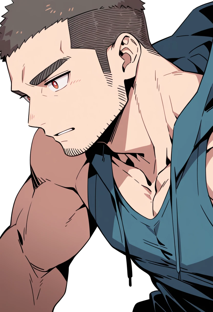 anime characters：Priapus, Muscle Sports Student, Buzz Cut, Manliness, male focus, Sports tight hooded sweatshirt, Very tight, full and perky chest muscles, muscular male, muscular, only, Upper body, alone, Black short hair, Thick eyebrows, stubble, Brown-red pupils, White background, simple background, amazing quality, best aesthetics, Ridiculous, crew cut, parted lips, flustered, endured face, negative space, best quality