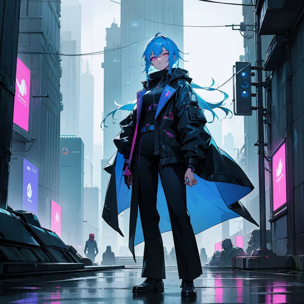 Cyberpunk City: A mysterious anime character with neon-blue hair and glowing eyes, standing in a rain-soaked alleyway of a futuristic city filled with towering skyscrapers and holographic advertisements.