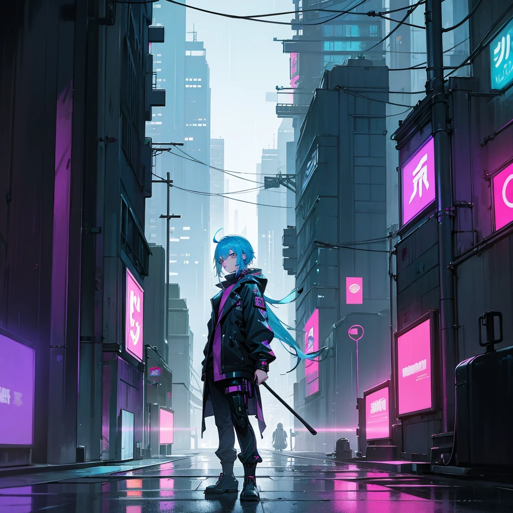 Cyberpunk City: A mysterious anime character with neon-blue hair and glowing eyes, standing in a rain-soaked alleyway of a futuristic city filled with towering skyscrapers and holographic advertisements.