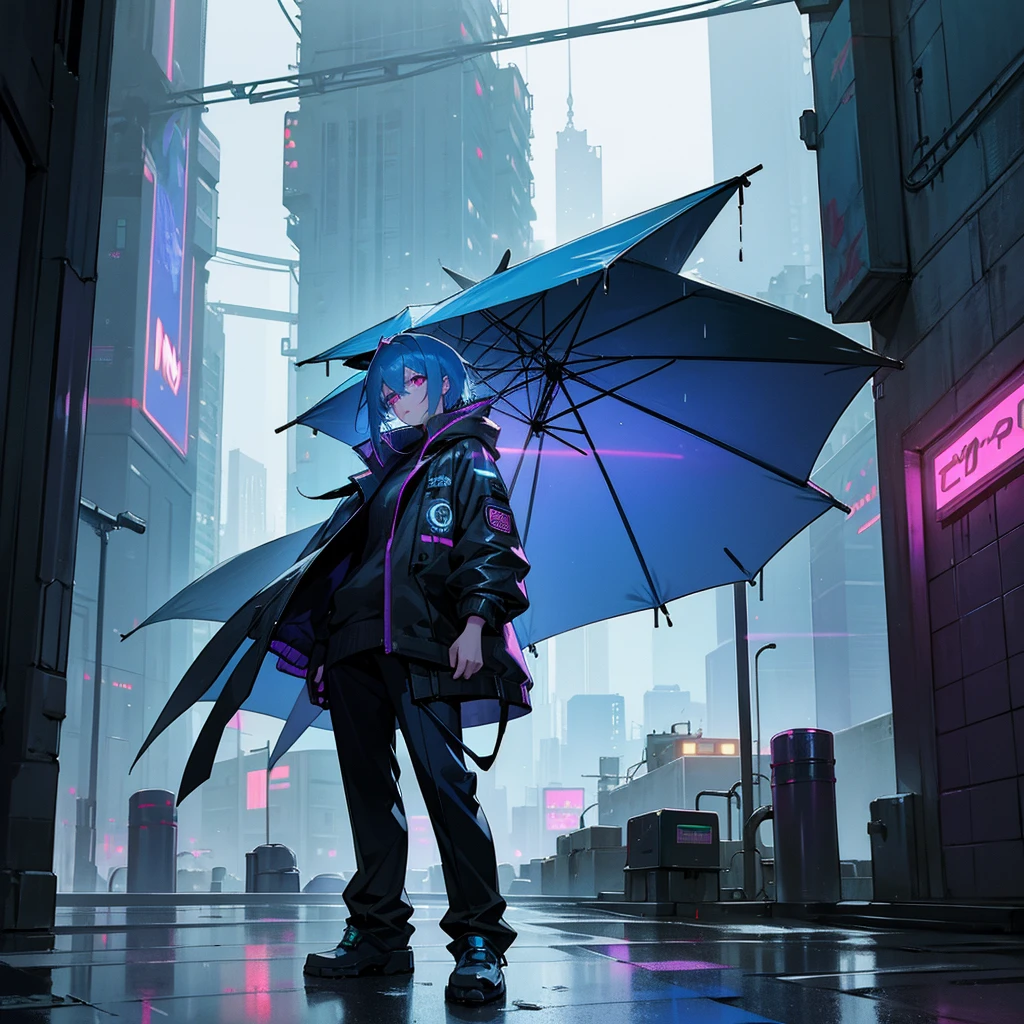 Cyberpunk City: A mysterious anime character with neon-blue hair and glowing eyes, standing in a rain-soaked alleyway of a futuristic city filled with towering skyscrapers and holographic advertisements.