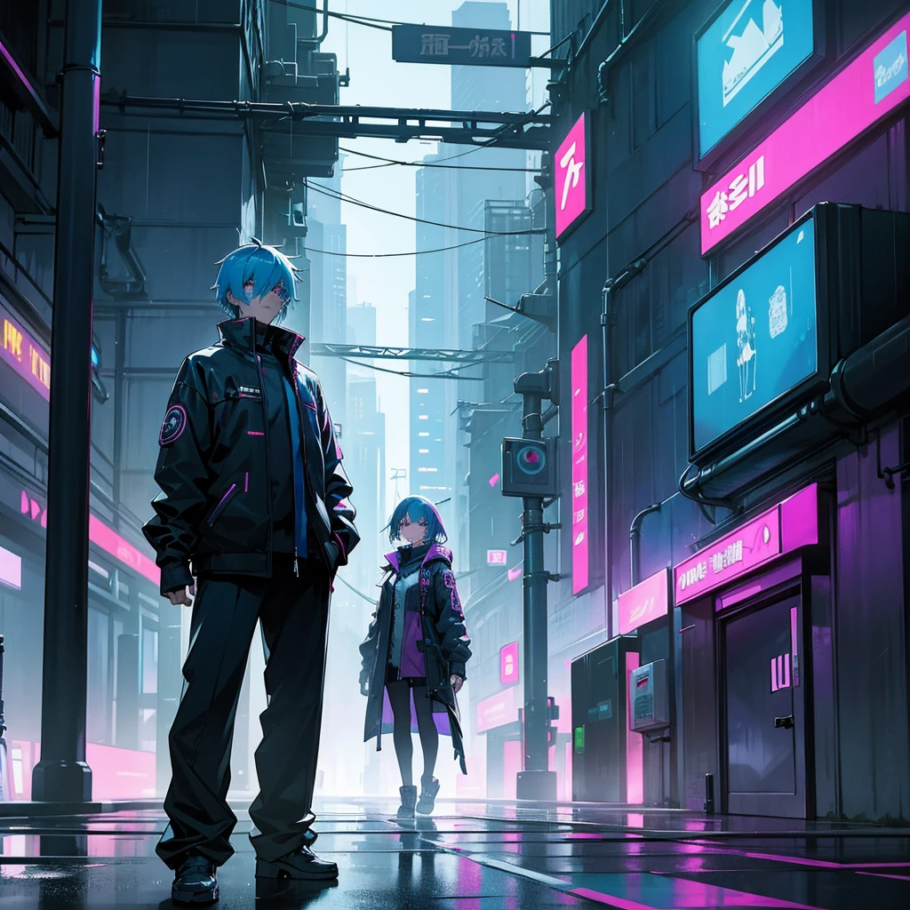 Cyberpunk City: A mysterious anime character with neon-blue hair and glowing eyes, standing in a rain-soaked alleyway of a futuristic city filled with towering skyscrapers and holographic advertisements.