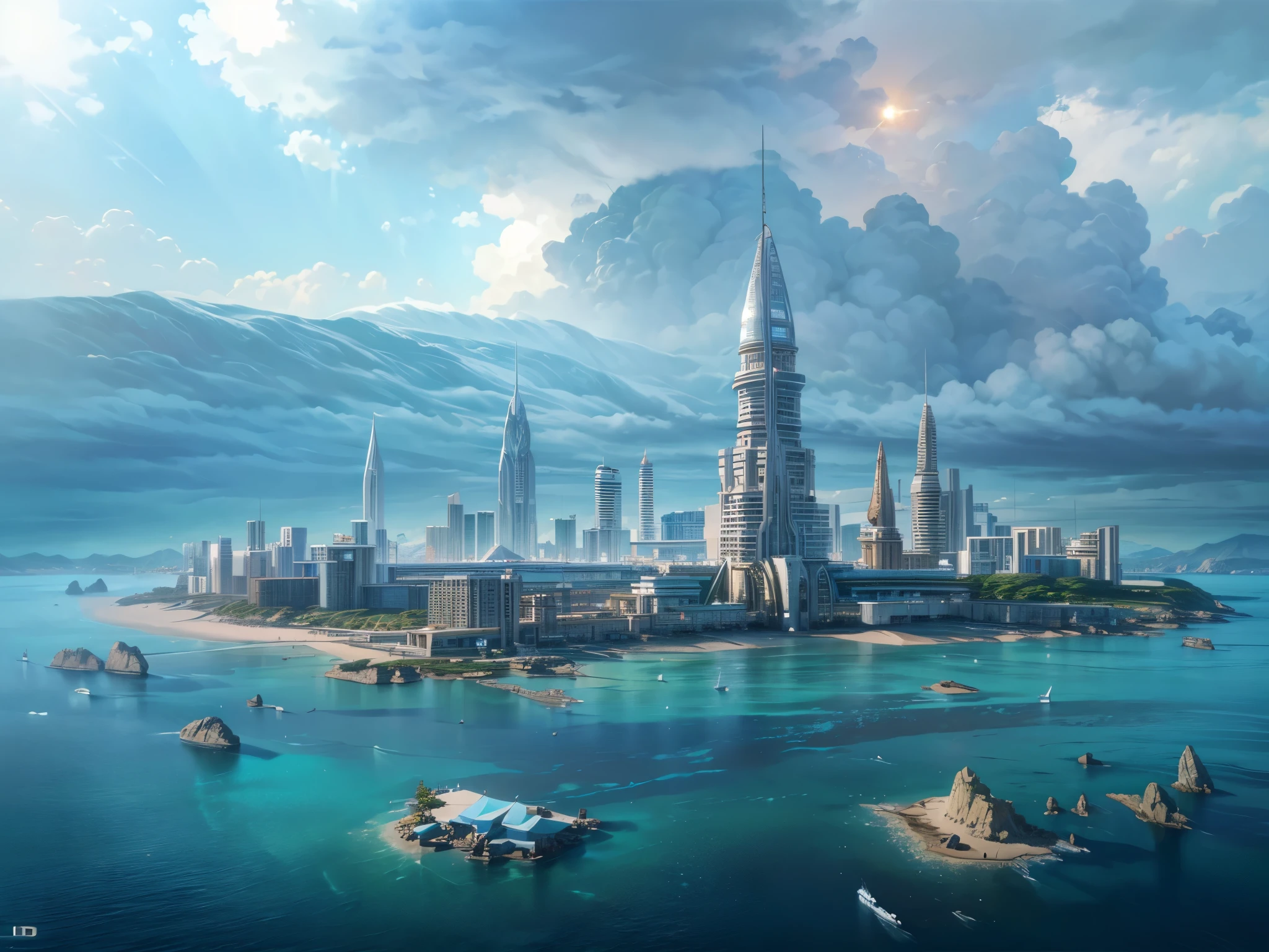 a wallpaper ultra wide angle, fantasy art, RPG art, (best Detailed: 1.5), (UHD: 1.5), (photorealistic: 1.4), mirkw00d, picture of an futuristic beach city, beautiful beach, resort, background only, tropical area, sunset, the sun is setting down there are some clouds in the sky, best details, best quality, 16k, (ultra detailed: 1.5), masterpiece, best quality, (extremely detailed), ultra wide shot, photorealism, depth of field, hyper realistic, anime art