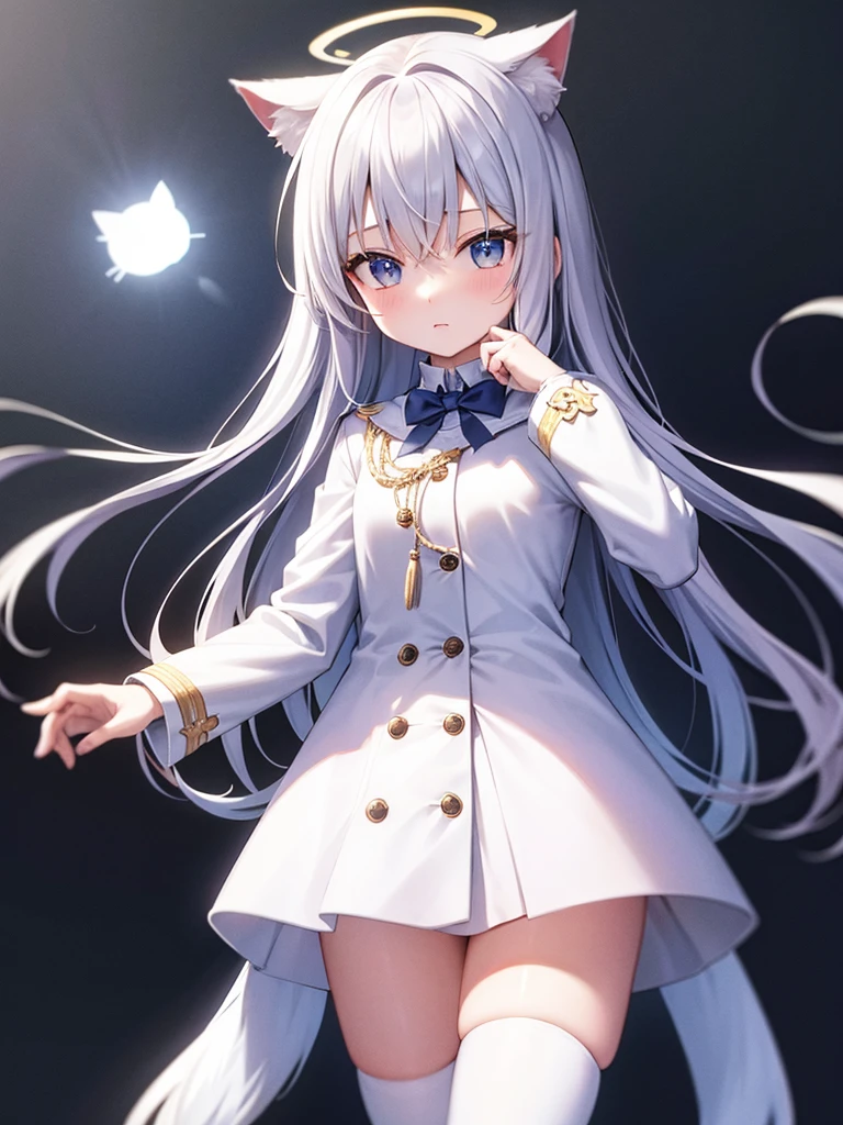 White silk tights,Short skirt,Boots,Lining,coat,White long hair,A cat lady,,small headdress,White, light blue, light pink,Standing,Halo
