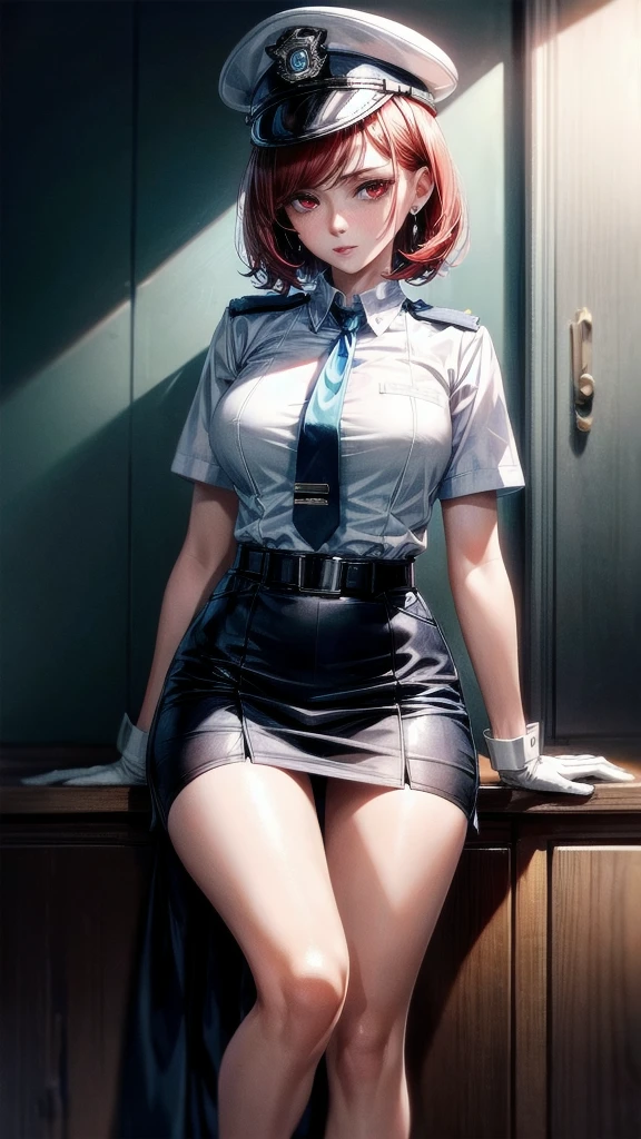 policewoman uniform, light blue short sleeved shirt, navy necktie, high waisted miniskirt, belt, white gloves, police hat, handcuffs, absurdres, RAW photo, extremely delicate and beautiful, masterpiece, Best Quality, ultra high resolution, 32k, hyperrealistic, ultra-detailed, detailed description, pale skin, 20 years old, tearful mole, earring, short medium hair, wavy hair, whole body shot, legs, Redhead, Red eyes,