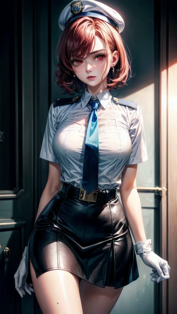 policewoman uniform, light blue short sleeved shirt, navy necktie, high waisted miniskirt, belt, white gloves, police hat, handcuffs, absurdres, RAW photo, extremely delicate and beautiful, masterpiece, Best Quality, ultra high resolution, 32k, hyperrealistic, ultra-detailed, detailed description, pale skin, 20 years old, tearful mole, earring, short medium hair, wavy hair, whole body shot, legs, Redhead, Red eyes,
