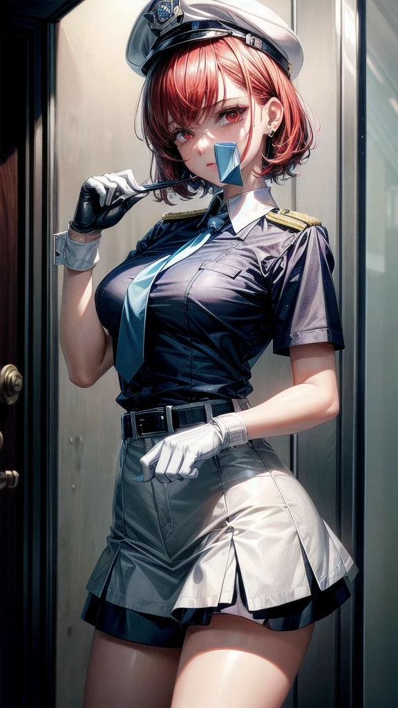 policewoman uniform, light blue short sleeved shirt, navy necktie, high waisted miniskirt, belt, white gloves, police hat, handcuffs, absurdres, RAW photo, extremely delicate and beautiful, masterpiece, Best Quality, ultra high resolution, 32k, hyperrealistic, ultra-detailed, detailed description, pale skin, 20 years old, tearful mole, earring, short medium hair, wavy hair, whole body shot, legs, Redhead, Red eyes,