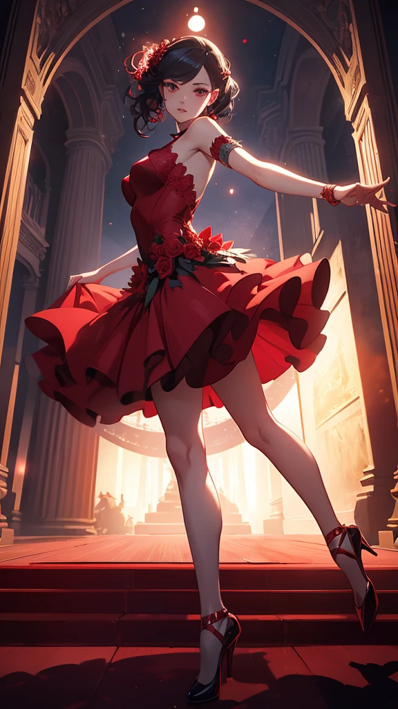 A woman in a red dress is dancing in front of the full moon, Digital Art by Alexander Kucharsky, cgsociety contest winner, Digital Art, Fairy Moonlight Dance, dark ballerina, Natalie Shaw Tom Bagshaw, Hmm、Carol in the back, beautiful Digital Artwork, takato yomamoto. 4k yen, Underworld Dancer