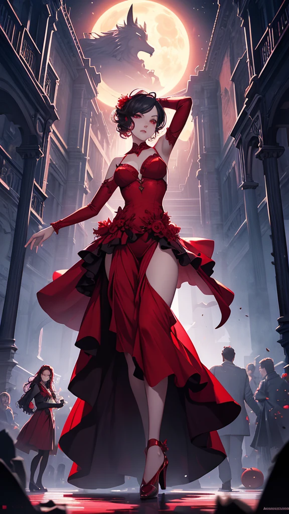 A woman in a red dress is dancing in front of the full moon, Digital Art by Alexander Kucharsky, cgsociety contest winner, Digital Art, Fairy Moonlight Dance, dark ballerina, Natalie Shaw Tom Bagshaw, Hmm、Carol in the back, beautiful Digital Artwork, takato yomamoto. 4k yen, Underworld Dancer