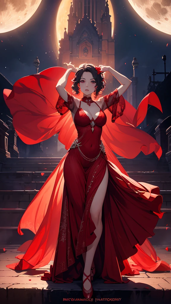 A woman in a red dress is dancing in front of the full moon, Digital Art by Alexander Kucharsky, cgsociety contest winner, Digital Art, Fairy Moonlight Dance, dark ballerina, Natalie Shaw Tom Bagshaw, Hmm、Carol in the back, beautiful Digital Artwork, takato yomamoto. 4k yen, Underworld Dancer
