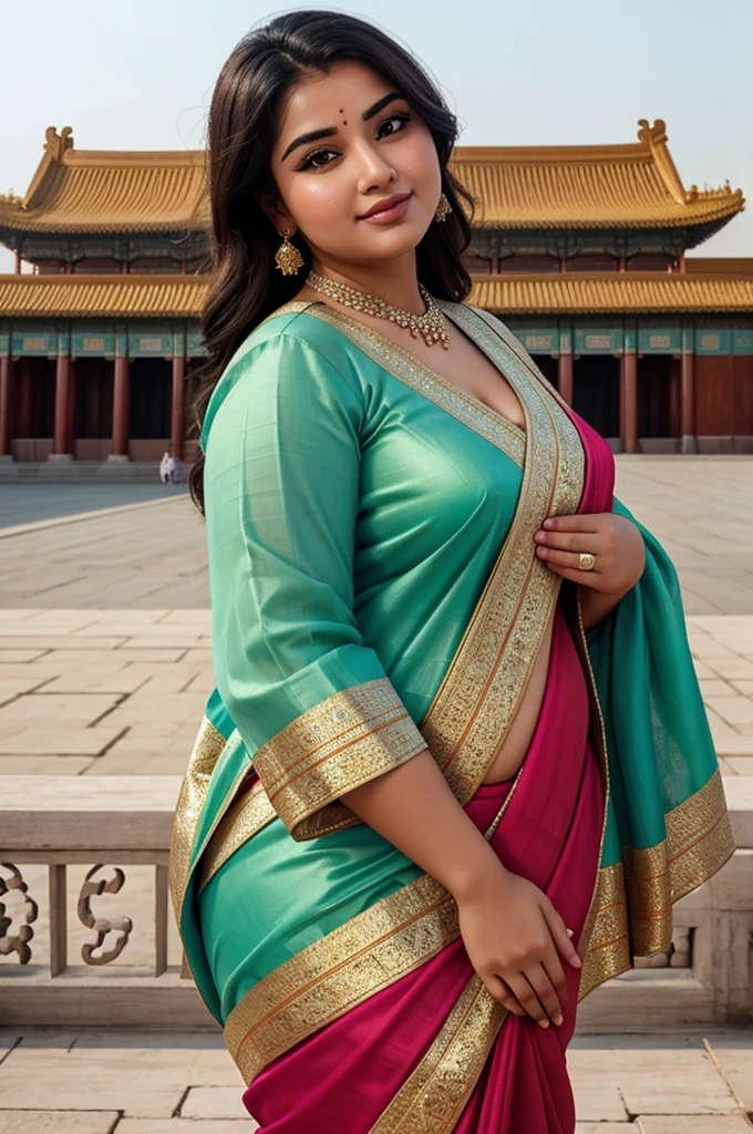 1 Heavenly beautiful and goddess beauty cute and sweet looking face Arabian female in front of Forbidden City, China, Heavenly beautiful Overweight, Heavenly beautiful Extremely fat, Heavenly beautiful and attractive Chubby figure , Heavenly beautiful looking and eye catching luxury style Kancheepuram Saree , reaching out, Heavenly beautiful Arabian woman, 16k, High resolution, masterpiece, highest quality, fine skin, outside view, Realistic Photograph