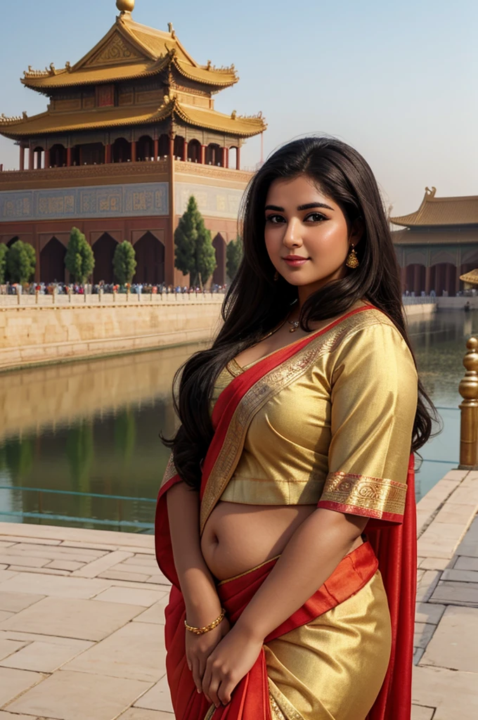 1 Heavenly beautiful and goddess beauty cute and sweet looking face Arabian female in front of Forbidden City, China, Heavenly beautiful Overweight, Heavenly beautiful Extremely fat, Heavenly beautiful and attractive Chubby figure , Heavenly beautiful looking and eye catching luxury style Kancheepuram Saree , reaching out, Heavenly beautiful Arabian woman, 16k, High resolution, masterpiece, highest quality, fine skin, outside view, Realistic Photograph