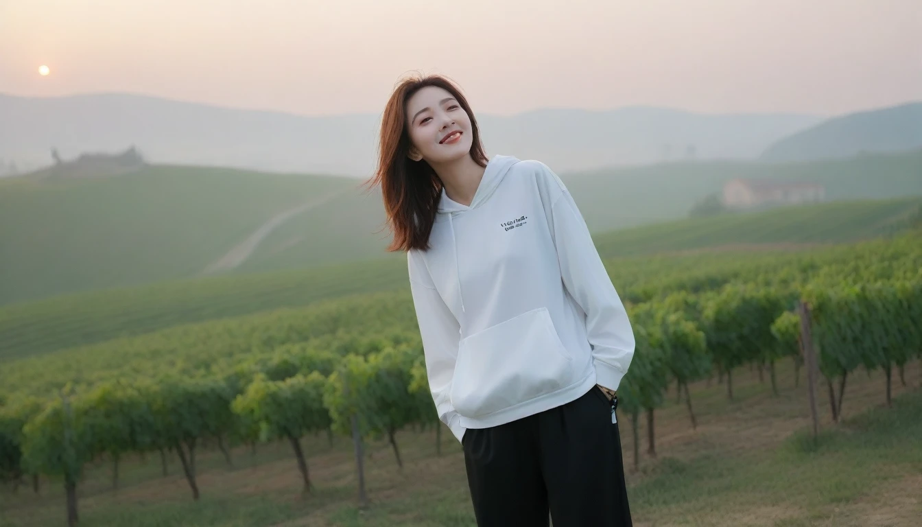 beautiful scenery, 8K Top Quality, Vivid picture quality, 1 woman, Beautiful 36-year-old Korean woman, Chest size 34 inches, Model-level beautiful woman, italian countryside dawn, vineyard, The cathedral can be seen in the distance in a thick fog.. Red sunshine, The background is realistic and vivid quality.., short medium bob hair, T-shirt that goes up to the neck , High-end luxury brand windbreaker jacket, Black pants, Perfect and realistic photos, The background is realistic.. Full body shot with Canon camera 16-35 wide angle lens, Smiling, 짙은 안개가 자욱한 포도원 언덕에서 vineyard을 내려다 보며, Walking towards the front camera