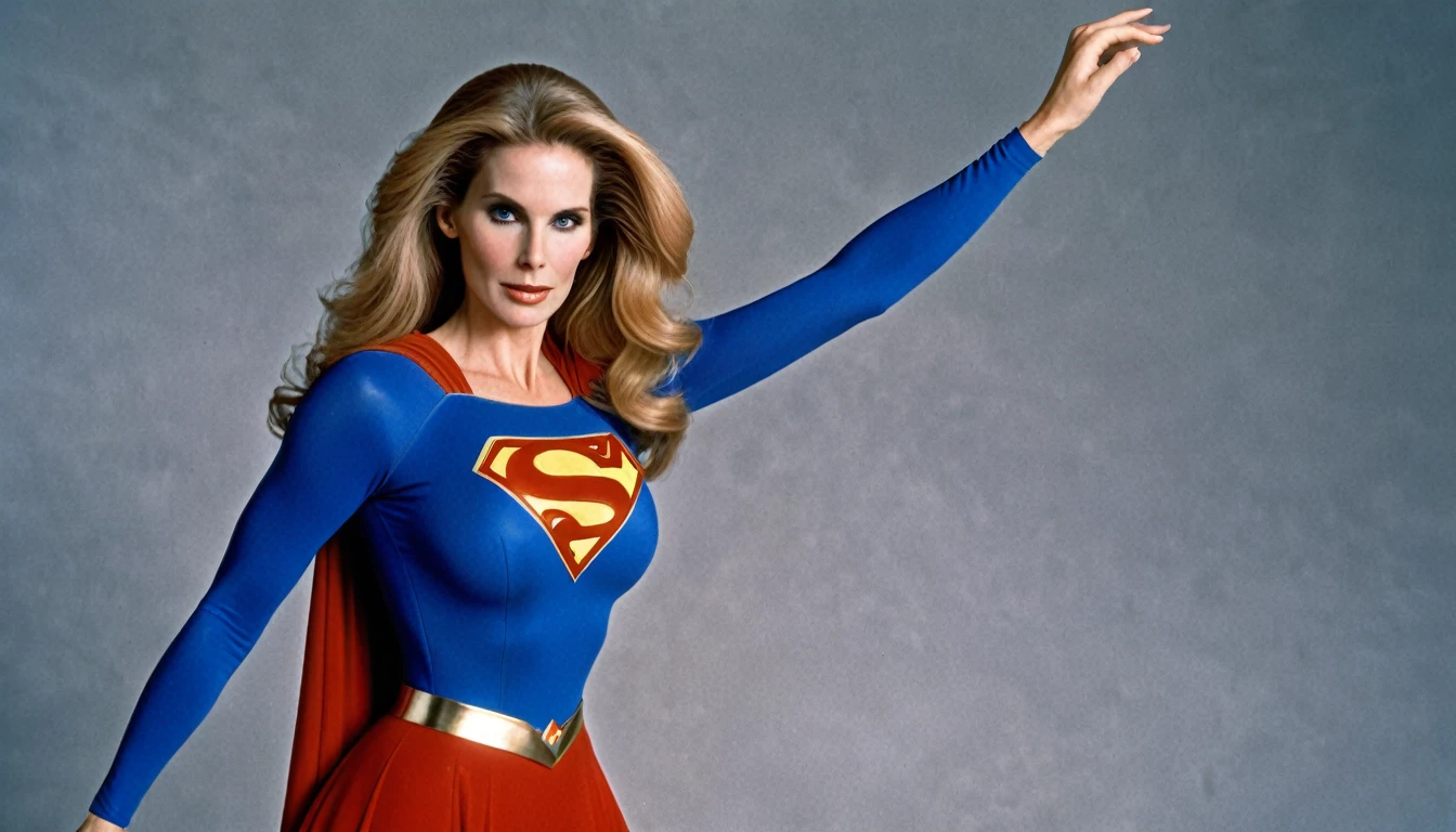 strong/powers sexy  woman Julie Hagerty Supergirl 1984s DC comics costume; big and strong breasts. HD. Photograph, ((realism)), extremely high quality RAW photograph, ultra detailed photograph, sharp focus, high resolution, (detailed skin:1,3),high quality, film grain, Fujifilm XT3,Highly Detailed, movie, (Cinematic Photo:1.3) of (Realistic:1.3)