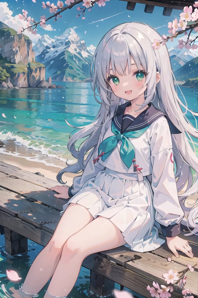 (masterpiece),  scenery,  mountainous horizon,  cherry blossoms,  petals,  light particles,  upper body,  1girl,  sailor,  wavy hair,  floating hair,  smile,  sitting,  open mouth,  light particles,  silver hair,  green eyes,  looking at viewer,  face focus