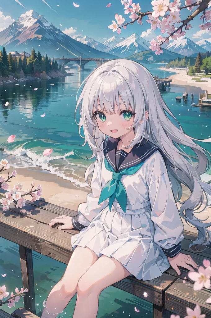 (masterpiece), scenery, mountainous horizon, cherry blossoms, petals, light particles, upper body, 1girl, sailor, wavy hair, floating hair, smile, sitting, open mouth, light particles, silver hair, green eyes, looking at viewer, face focus