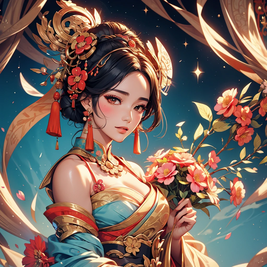 Holding a fan、Arabian woman with flowers in her hair, Exquisite digital illustrations, Beautiful artwork illustration, Amazing digital illustrations, Beautiful digital art, Inspired by Yoon Doo-seo, In the style of digital illustration, Empress of China, Portrait of a Geisha, Beautiful Fantasy Empress, Beautiful digital illustrations, 美しいPortrait of a Geisha, Portrait of a Geisha