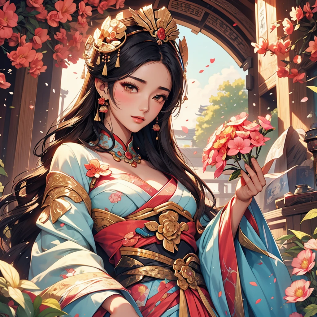 Holding a fan、Arabian woman with flowers in her hair, Exquisite digital illustrations, Beautiful artwork illustration, Amazing digital illustrations, Beautiful digital art, Inspired by Yoon Doo-seo, In the style of digital illustration, Empress of China, Portrait of a Geisha, Beautiful Fantasy Empress, Beautiful digital illustrations, 美しいPortrait of a Geisha, Portrait of a Geisha