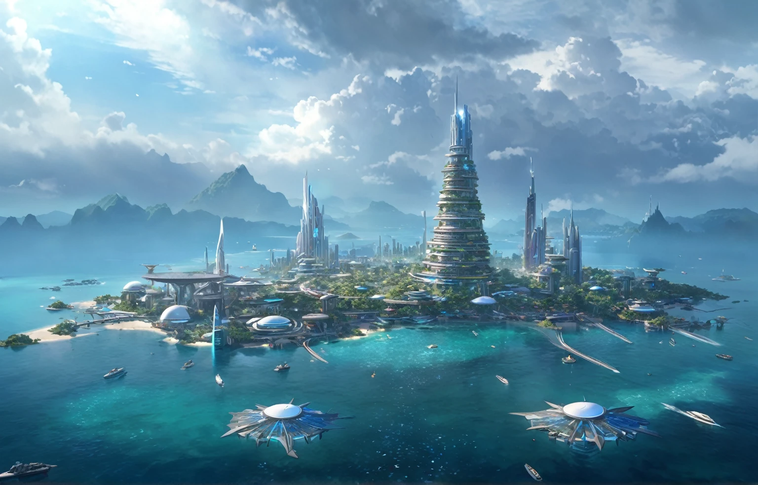 masterpiece, best quality, good quality, Fantasy aesthetics, Highly detailed, beautiful landscape, Futuristic fantasy beach city, tropical area, background only, no other being (human etc), very detailed CG unified 8k wallpaper), clay texture, clean background, natural light, best quality, ultra detail