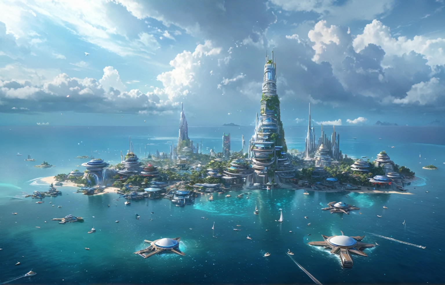 masterpiece, best quality, good quality, Fantasy aesthetics, Highly detailed, beautiful landscape, Futuristic fantasy beach city, tropical area, background only, no other being (human etc), very detailed CG unified 8k wallpaper), clay texture, clean background, natural light, best quality, ultra detail