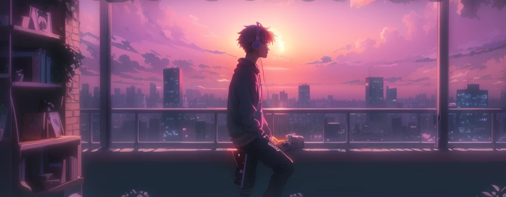 anime boy looking out of a window at a city skyline, Lofi Artstyle, Lo-fi hip hop, Watching the sunset. anime, Lofi Art, anime vibes, anime aesthetic, Lo-fi feeling, An atmosphere of praise, Lo-fi aesthetic, anime style 4 k, Nightcore, Makoto Shinkai Cyril Rolland, Lo-fi art