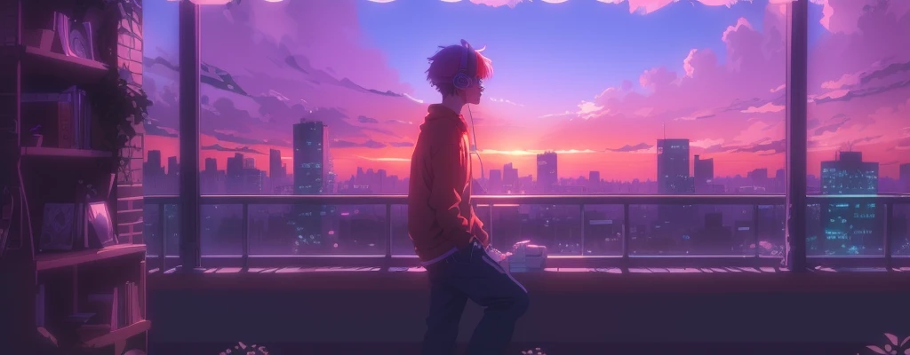 anime boy looking out of a window at a city skyline, Lofi Artstyle, Lo-fi hip hop, Watching the sunset. anime, Lofi Art, anime vibes, anime aesthetic, Lo-fi feeling, An atmosphere of praise, Lo-fi aesthetic, anime style 4 k, Nightcore, Makoto Shinkai Cyril Rolland, Lo-fi art