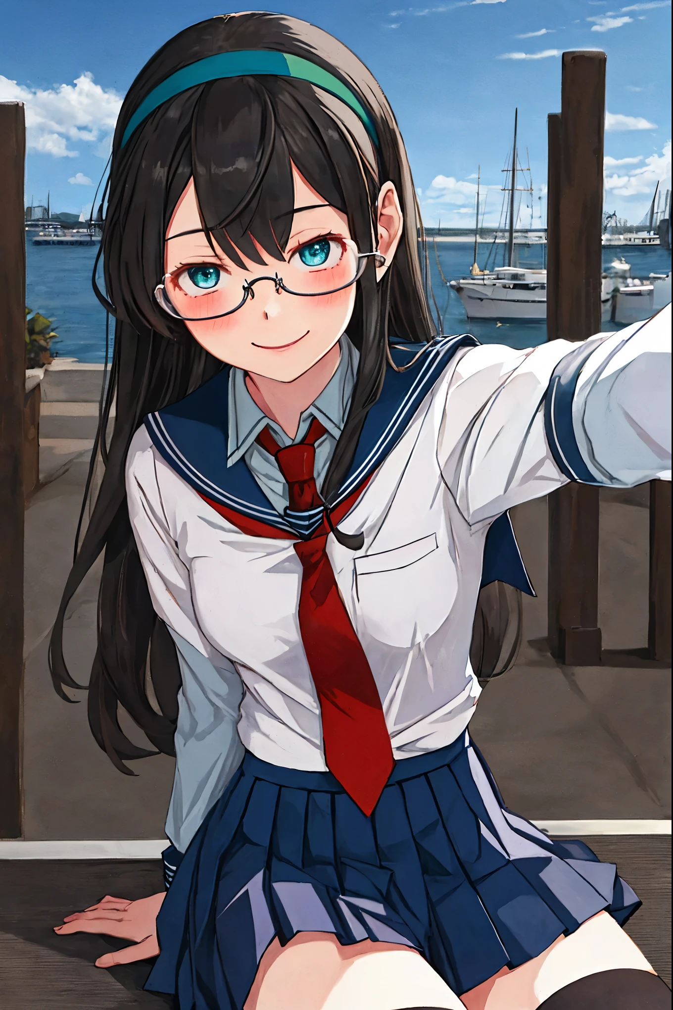 best quality, masterpiece, highres, solo, {ooyodo_kantaicollection:1.15}, black_hair, long_hair, glasses, hairband, semi-rimless_eyewear, under-rim_eyewear, blue_eyes, green_eyes, blush,small_breasts, 1girl, school_uniform, serafuku, pleats_skirt, looking_at_viewer, necktie, harbor_town_background, red_necktie,(angry:0.7),smile,Proudly,thigh-highs,sitting,open_mouth,,selfie,outdoor,