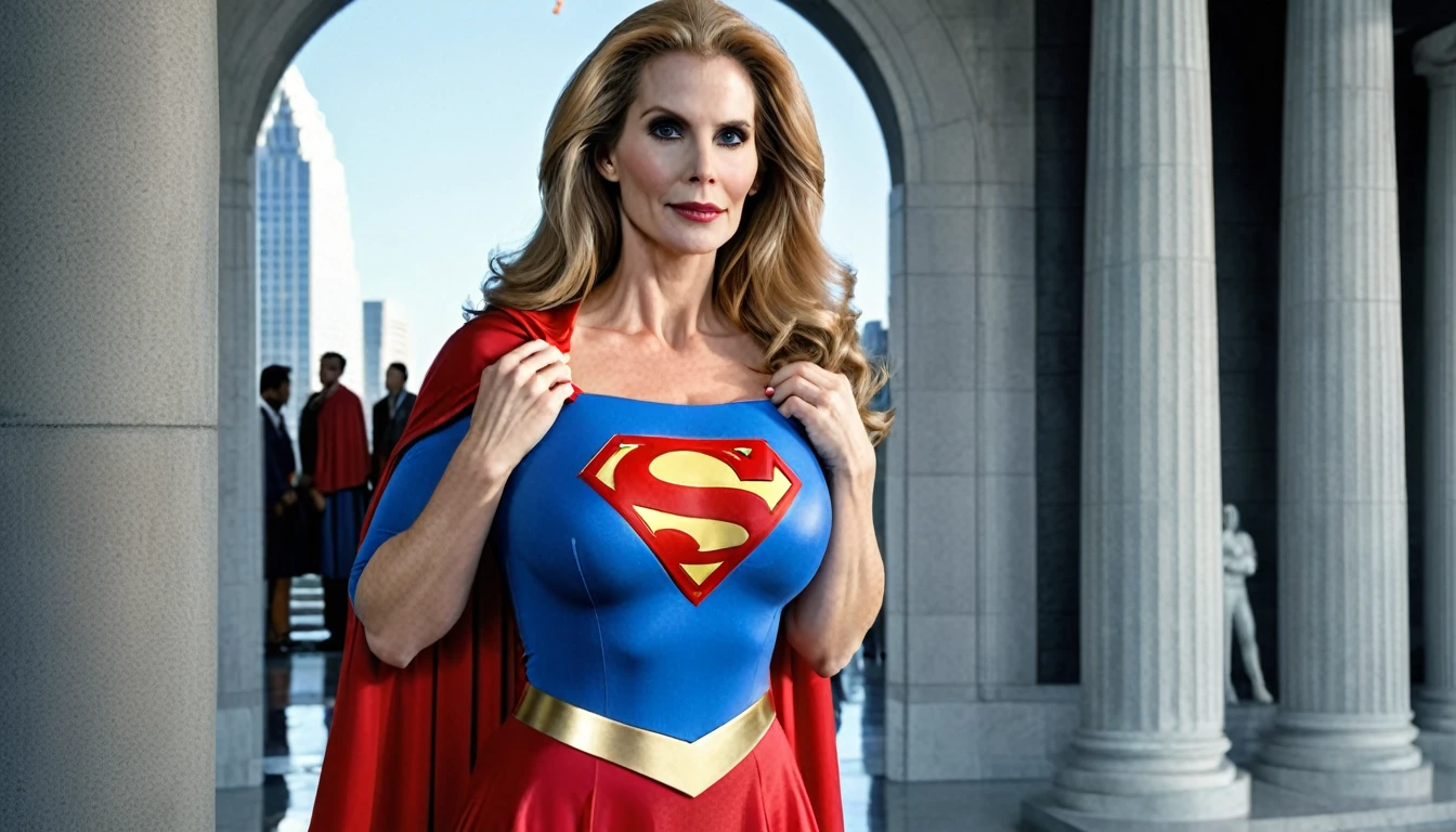 strong/powers sexy  woman Julie Hagerty Supergirl 1984s DC comics costume; big and strong breasts. HD. Photograph, ((realism)), extremely high quality RAW photograph, ultra detailed photograph, sharp focus, high resolution, (detailed skin:1,3),high quality, film grain, Fujifilm XT3,Highly Detailed, movie, (Cinematic Photo:1.3) of (Realistic:1.3)