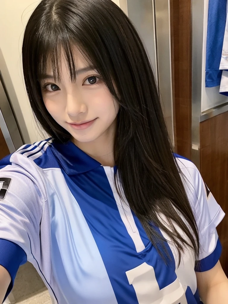 Chinese, Female, shoulder length hair, wearing football jersey, selfie