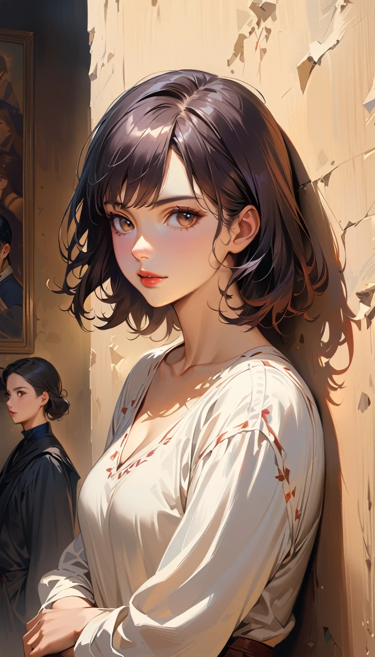 (masterpiece)、(Highest quality)、Classical painting、Horseback archery、1 girl、(whole body)、Portraiture、(Sargent Oil Painting)、Realistic、realism、One person、Beautiful Face、A vivid face、Black Hair、Short Hair、Beautiful Skin、charm、detailed、Dark Background、Backlight、Soft Light、Inspired by Edmund Leighton、