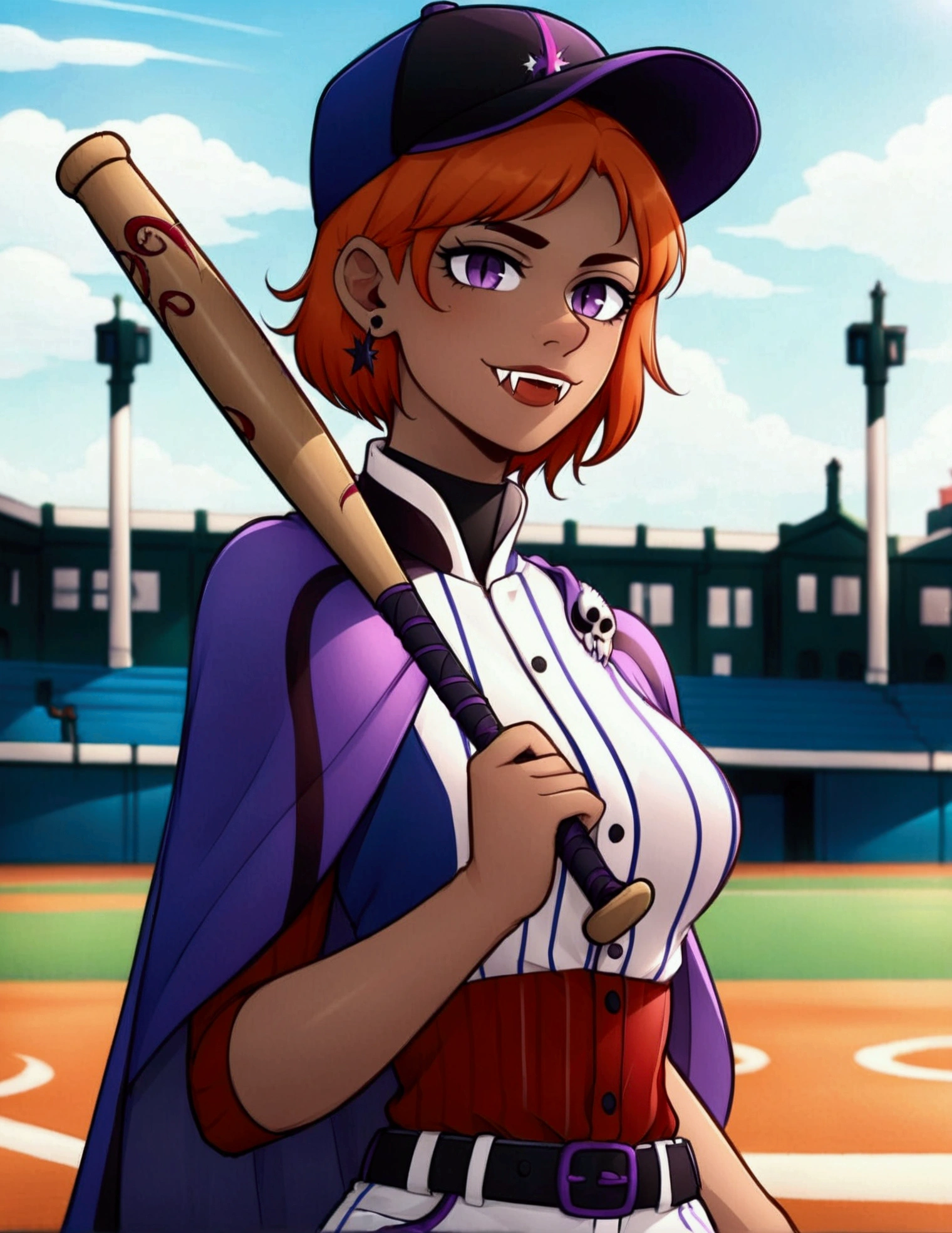 score_9, score_8_up, score_7_up, (solo close-up of gentle vampire lady holding baseball bat:1.4) in (dynamic pose:1.0) amidst (baseball playgrounds:1.2), (fangs:1.2), crop baseball jersey, messy short ginger hair, pants with belt, (high-neck ornate cape:1.3), dark-skinned beauty, (twilight sky), (Gothic architecture with intricate design:1.2), bright colors, rating_safe.