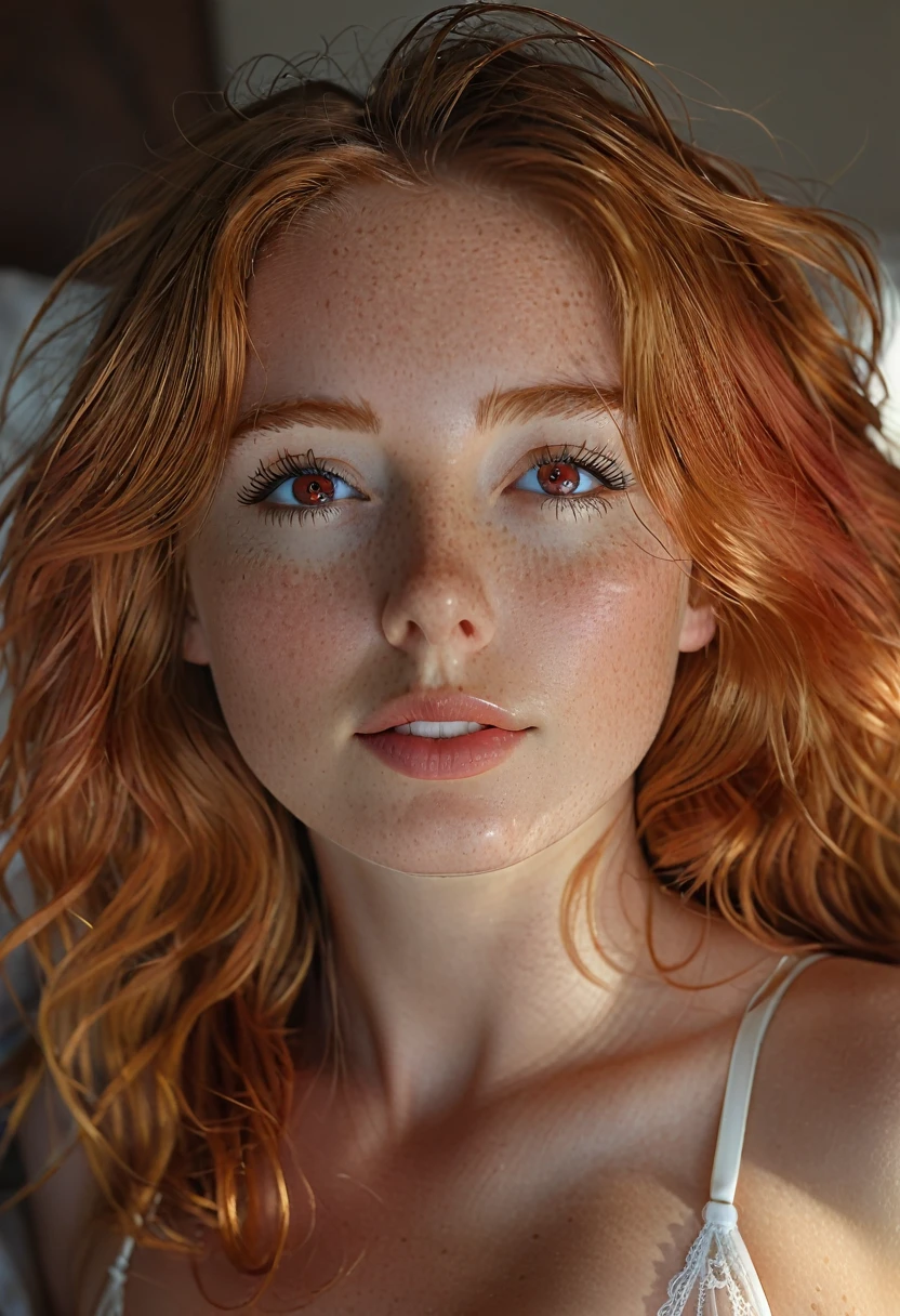 paparazzi shot of a beautiful young girl, beautiful 25 year old girl, (intricate red-haired hair:1.8), sweaty, sunlit, dripping wet, leaning back, 8K,Best quality, masterpiece, ultra high res, (photorealistic:1.4), raw photo, (Authentic skin texture:1.3), (film grain:1.3), young girl wide hips, ((((beautiful detailed bright red eyes)))), masterpiece, best quality, pastel dreamy light, bathing in backlighting, (((wearing a two piece sheer lingerie))), sunrays, fog, haze, sunlit, cozy, morning dew, backlighting, hazy, golden hour, morning light, looking at camera, countryside, masterpiece, best quality, ultra-detailed eyes, solo, shadows, contrast, cinematic light, side lighting, ultra high resolution, best shadow, RAW, 4k, ultra-realistic style, detailed face and eyes, Cinematic, Color Grading, professional Photography, Depth of Field, hyper-detailed, beautifully color-coded, insane details, intricate details, beautifully color graded, full body shot, epic scene composition, fit girl, small perky breasts, cinematic look, dslr, high quality, film grain, (pubic hair), ((detailed crotch)), (((big camel toe, clitoris, vulva)), see through panties, extreme quality, slightly wet panties, (((plump pussy lips))),(( visible pubic hair)), very hairy pussy bump, (((outline of the labia majora (the outer lips of the vulva) in tightly fitting transparent panties, bulge panties, toned body, legs apart, thigh gap