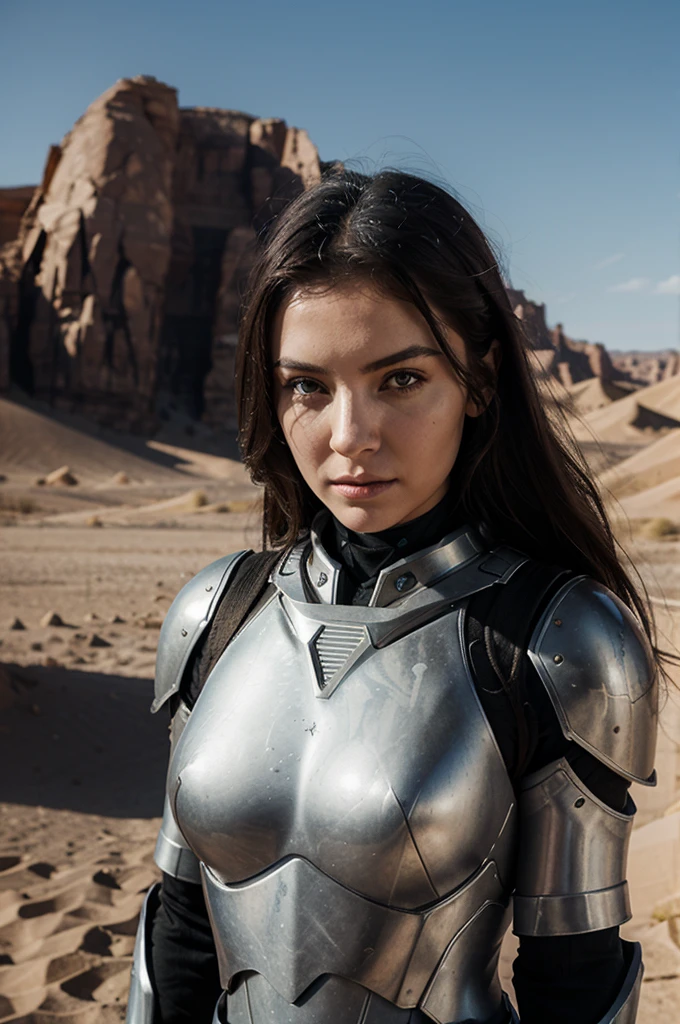 cold filter, woman, slim sci-fi armor, future, desert