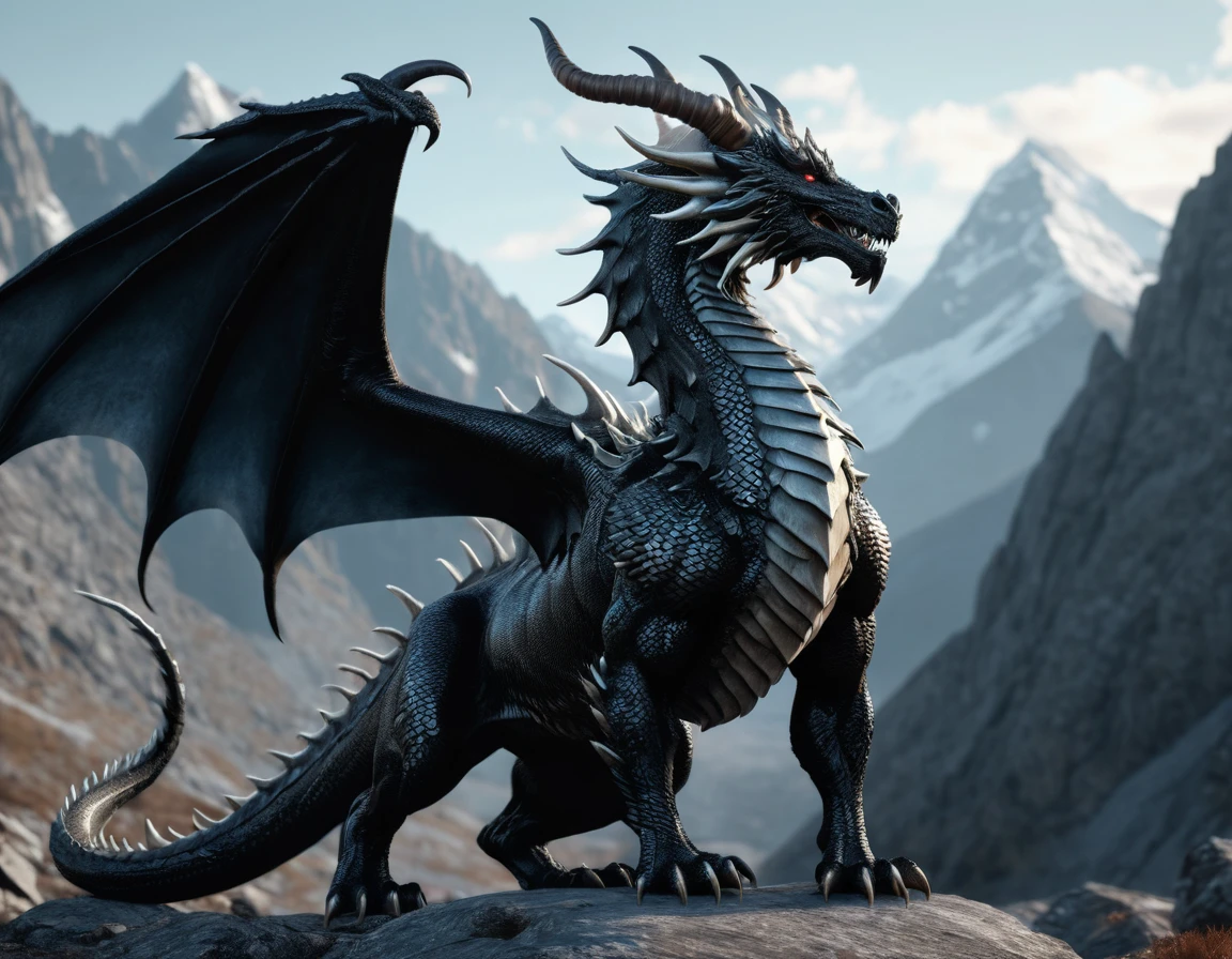 full body portrait of a realistic female obsidian dragon, huge, long body, wings, many horns, horns, antlers, twisting horns, curled horns, wolf shaped head, opalescent scales, white eyes, mysterious mountain scenery, full body, cinematic, render, 8k, unreal engine, realistic, masterpiece, high detail, full body, low life, volumetric lighting