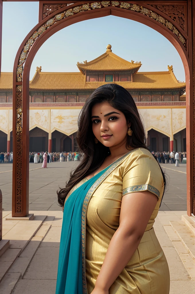 1 Heavenly beautiful and goddess beauty cute and sweet looking face Arabian female in front of Forbidden City, China, Heavenly beautiful Overweight, Heavenly beautiful Extremely fat, Heavenly beautiful and attractive Chubby figure , Heavenly beautiful looking and eye catching luxury style Kancheepuram Saree , reaching out, Heavenly beautiful Arabian woman, 16k, High resolution, masterpiece, highest quality, fine skin, outside view, Realistic Photograph