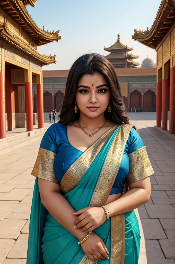 1 Heavenly beautiful and goddess beauty cute and sweet looking face Arabian female in front of Forbidden City, China, Heavenly beautiful Overweight, Heavenly beautiful Extremely fat, Heavenly beautiful and attractive Chubby figure , Heavenly beautiful looking and eye catching luxury style Kancheepuram Saree , reaching out, Heavenly beautiful Arabian woman, 16k, High resolution, masterpiece, highest quality, fine skin, outside view, Realistic Photograph