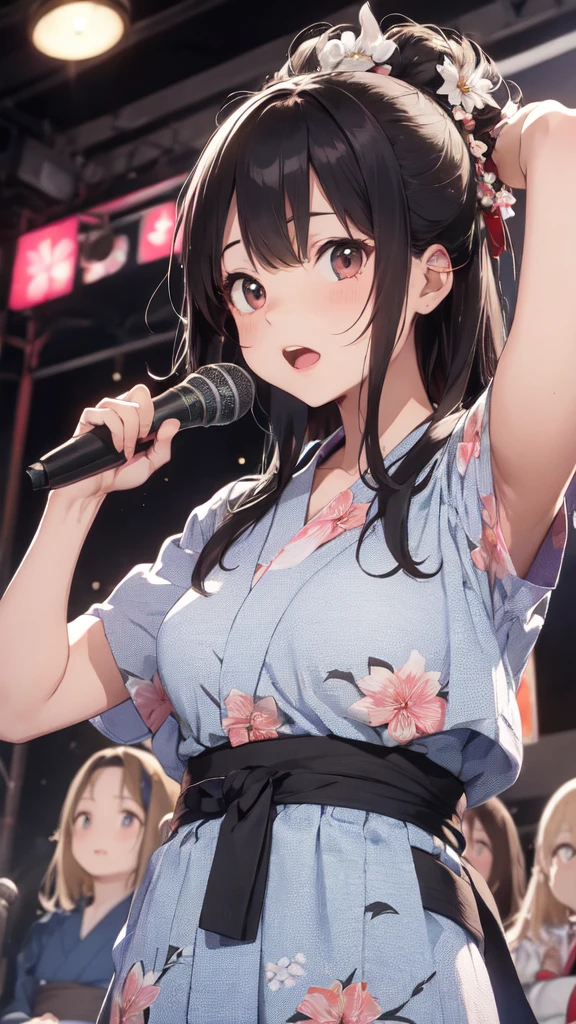 masterpiece、Ultra-detail、intricate detailes、Realistic texture、Unevenness of the human body、realistic in every detail、top-quality、Surrealist works、Women are detailed and realistic、Women in colorful yukata with floral patterns and polka dots、、Two Girls、Sisters、singer、Singing on stage、Hold the microphone、