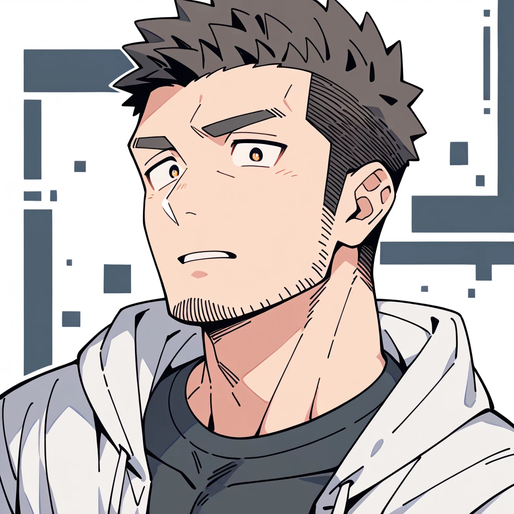 anime characters:Priapus, Muscle Sports Student, Manliness, male focus, Sports tight hooded sweatshirt, Very tight, full and perky chest muscles, muscular male, muscular, only, Upper body, alone, Black short hair, Thick eyebrows, stubble, Brown-red pupils, White background, simple background, amazing quality, best aesthetics, Ridiculous, crew cut, parted lips, flustered, endured face, negative space, best quality