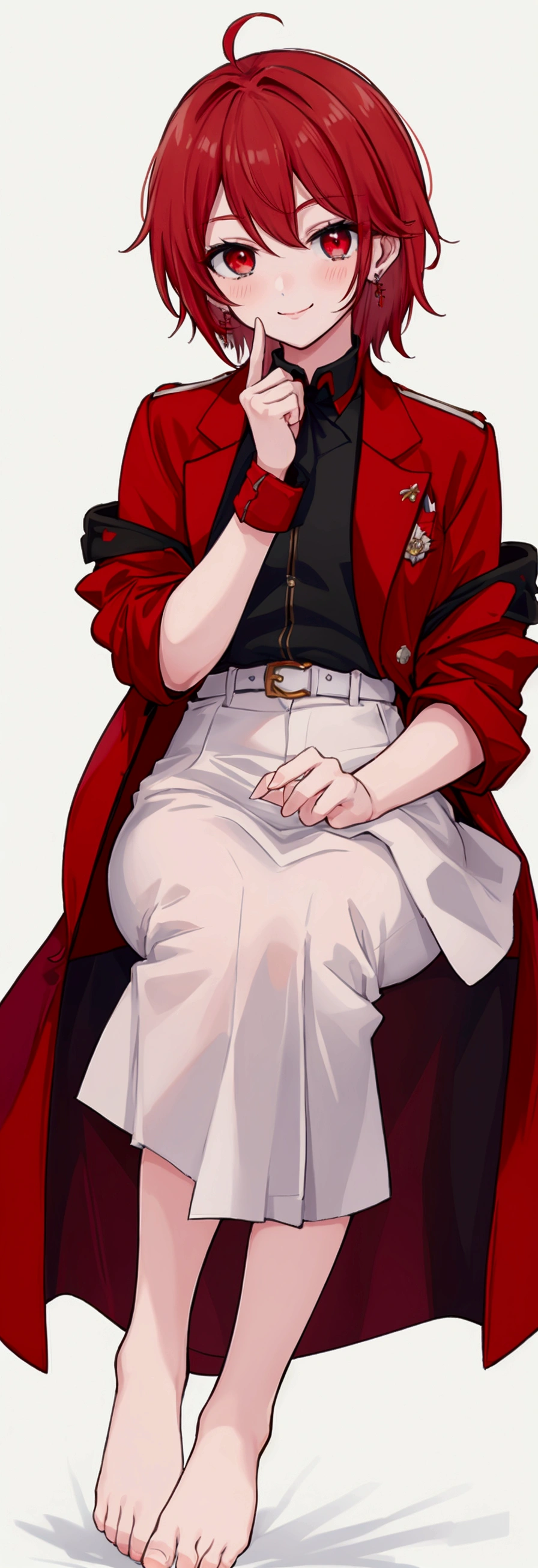 boy, 短い明るいRed hair, Grey Eyes, Expressive eyes, White skin, A kind smile,blouse,Beautiful Hands,Earrings、1人のboy、Red eyes、Red hair、Medium Hair、、put one hand in your jacket pocket、Wearing a jacket、hot pants、The background is a park、Highest quality、cute、whole body、foot