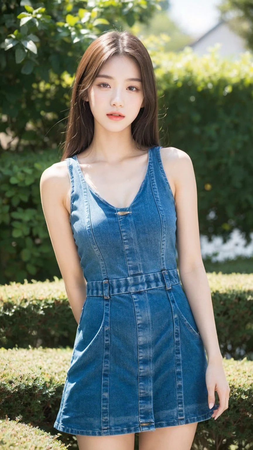 ((Best quality, 8K, masterpiece:1.3))，1girl，18 years old，Asian，Real texture:1.3，(Background blur:1.3)，Dress Up，Tall and slender figure:1.2，(Hot summer weather)，（garden:1.3），Highly detailed face and skin textures，Exquisite eyes，Long eyelashes，Double eyelids，Skin Whitening，happy，Breast