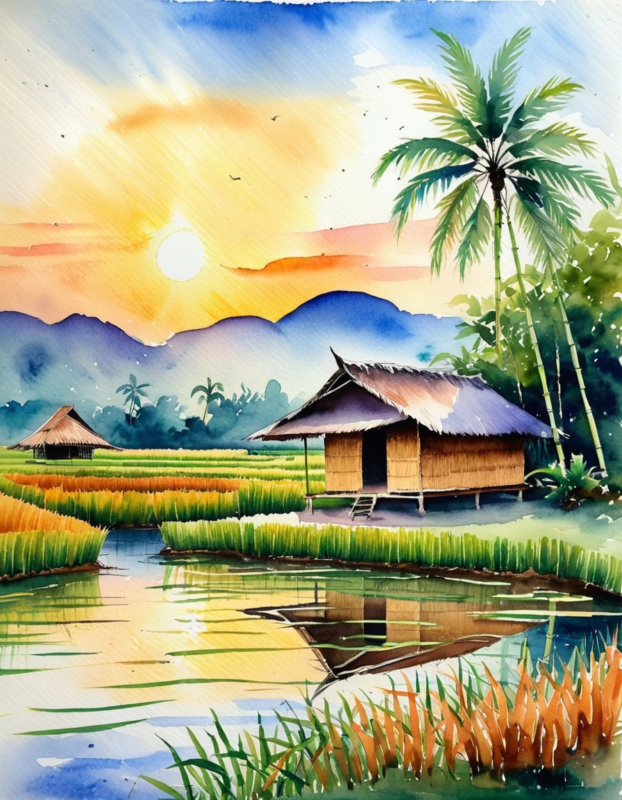 painting with watercolors bamboo hut house The roof is covered with dry grass in Thailand, year 1922. There is a small pond, a rice field, a coconut tree behind the house, and a small low hill in the background. The sun is about to set at the perfect time, painted with watercolors.