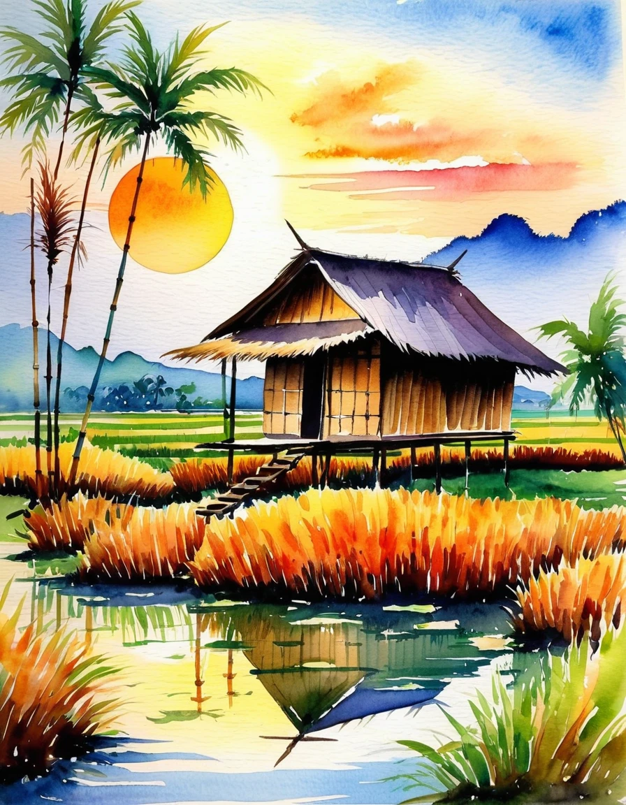 painting with watercolors bamboo hut house The roof is covered with dry grass in Thailand, year 1922. There is a small pond, a rice field, a coconut tree behind the house, and a small low hill in the background. The sun is about to set at the perfect time, painted with watercolors.