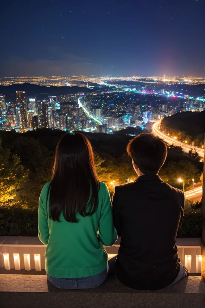 A hill with a beautiful sparkling night view。
Couple sitting close together from behind