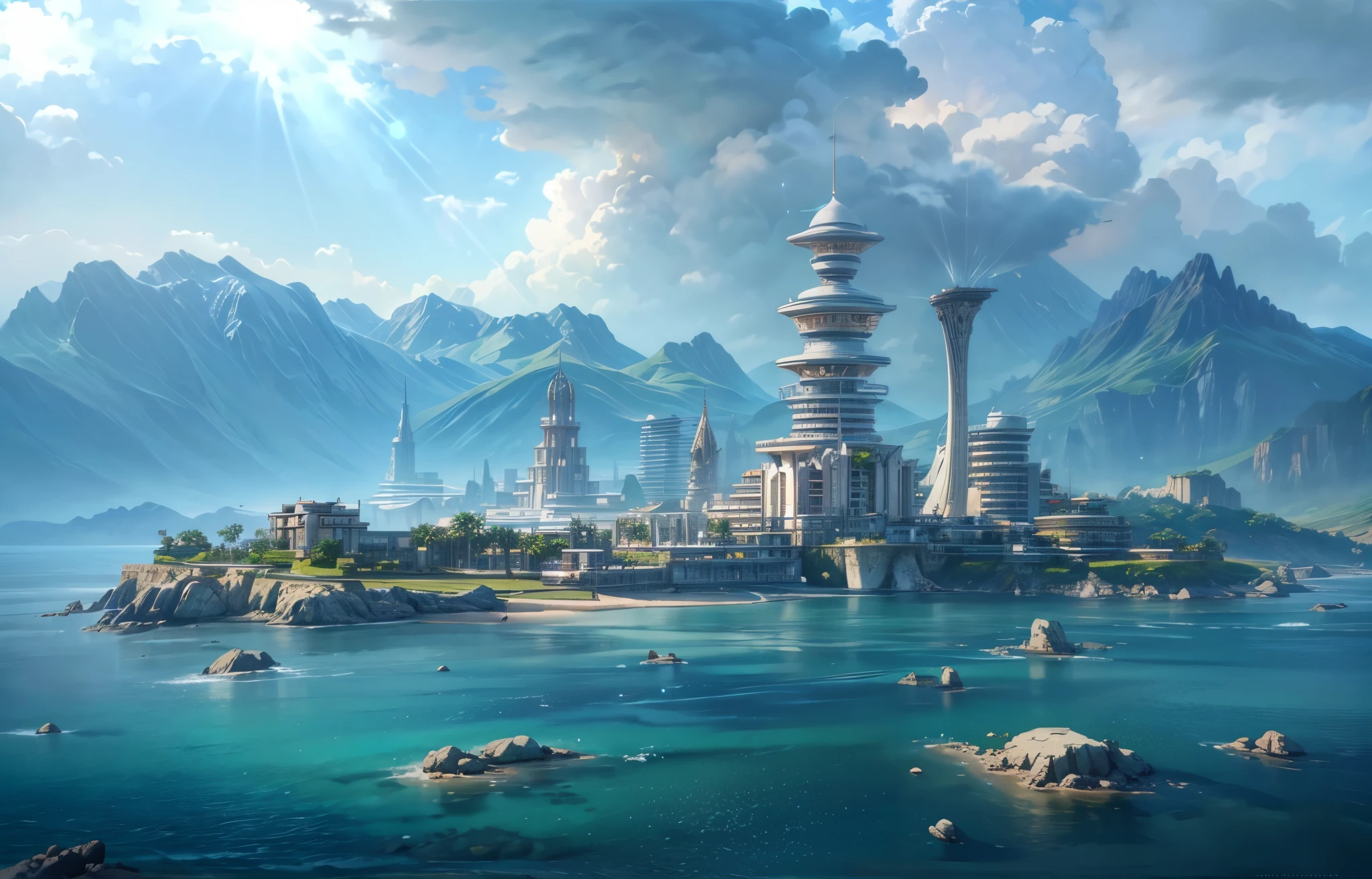 a wallpaper ultra wide angle, fantasy art, RPG art, (best Detailed: 1.5), (UHD: 1.5), (photorealistic: 1.4), mirkw00d, picture of an futuristic beach city, beautiful beach, resort, background only, tropical area, sunset, the sun is setting down there are some clouds in the sky, best details, best quality, 16k, (ultra detailed: 1.5), masterpiece, best quality, (extremely detailed), ultra wide shot, photorealism, depth of field, hyper realistic