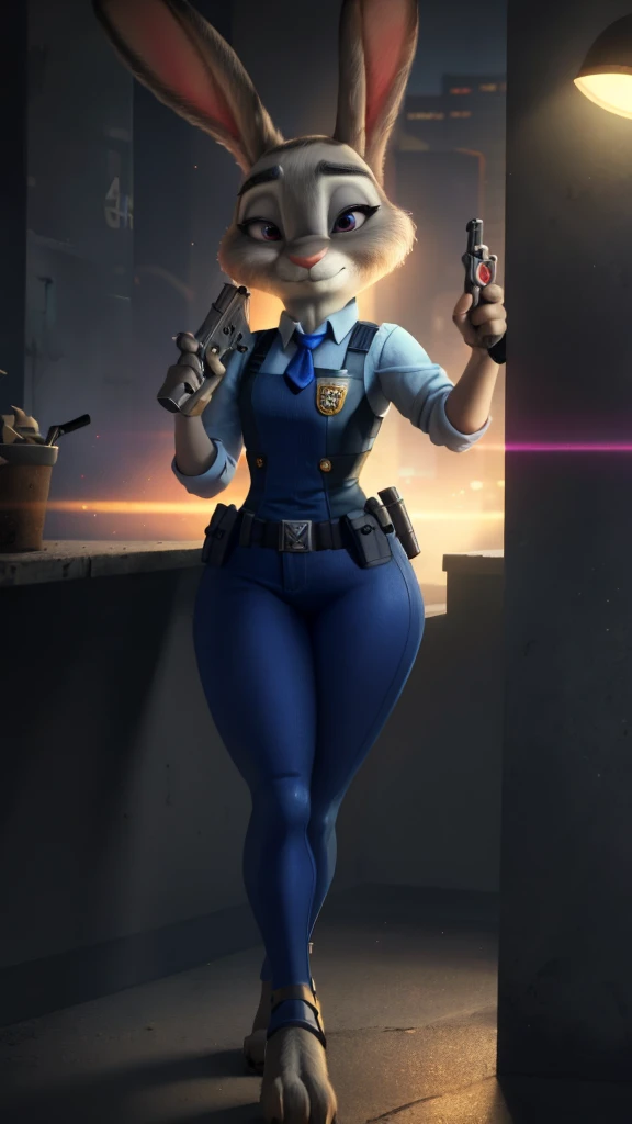 Judy Hopps, 1 girl, Zootopia, Police uniform,sandals, wicked, Concentrated, holding a gun, aiming, BREAK,
 in the corner, urban, Street, night, full moon,, masterpiece, Best quality, extremely detailed, high quality, 4K, sharp focus, professional, sharp focus, award-winning, Cinematic lighting, Octane render, Unreal engine, dtx volumetrics, wallpaper,