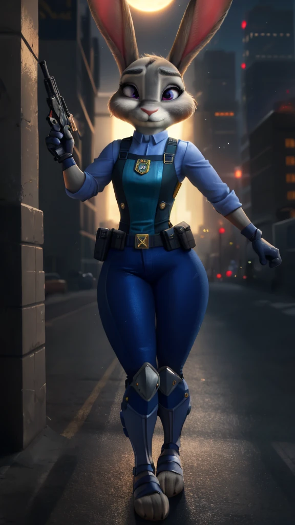 Judy Hopps, 1 girl, Zootopia, Police uniform,sandals, wicked, Concentrated, holding a gun, aiming, BREAK,
 in the corner, urban, Street, night, full moon,, masterpiece, Best quality, extremely detailed, high quality, 4K, sharp focus, professional, sharp focus, award-winning, Cinematic lighting, Octane render, Unreal engine, dtx volumetrics, wallpaper,