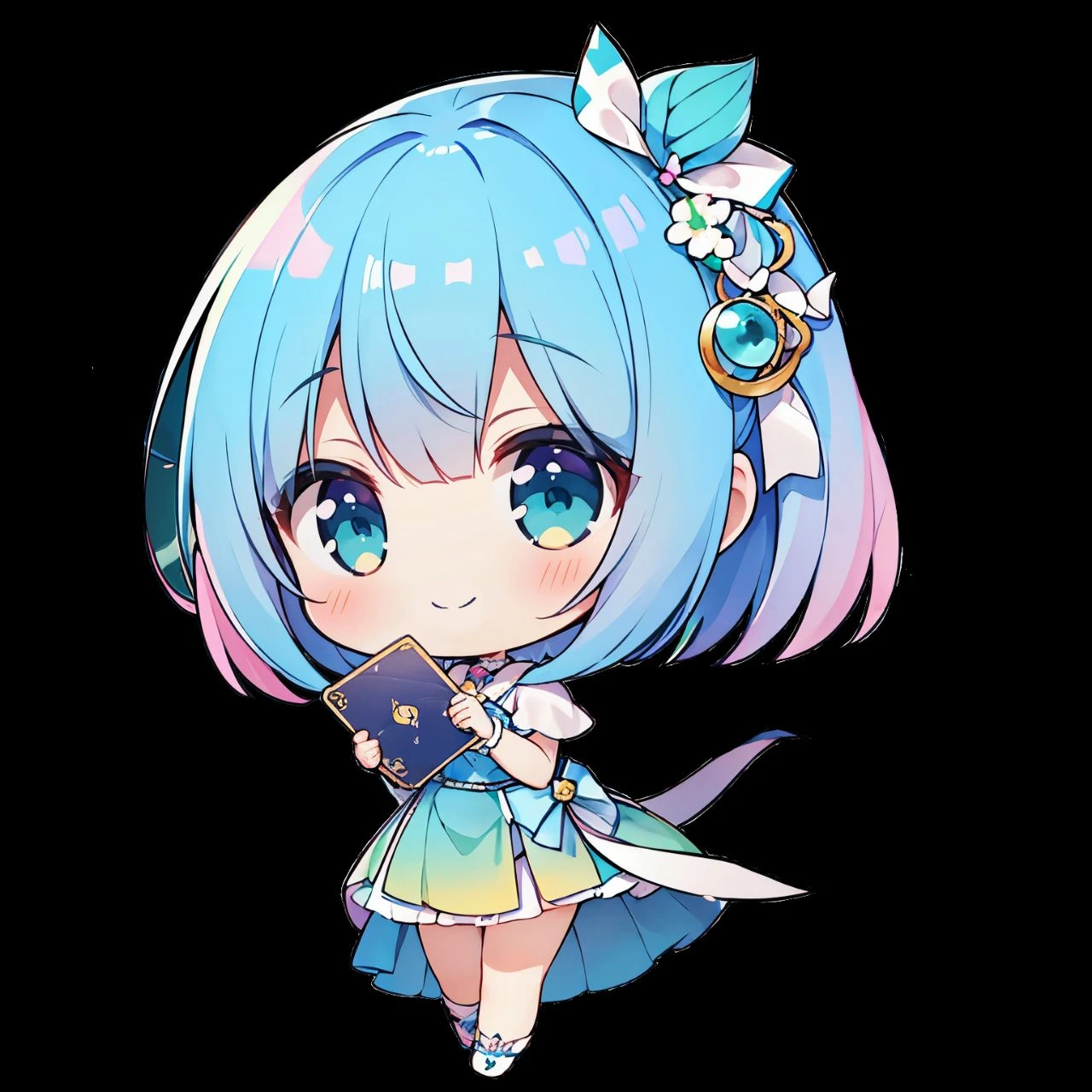 (Highest quality, masterpiece),(Highest quality), (Ultra-high resolution),girl , Bobcut,  chibi,Laughing、Card Reading、Holding a tarot card in one hand、Blue-green dress、Pink and teal gradient hair、Pink and blue gradient eyes、White ribbon in hair、People only、No background