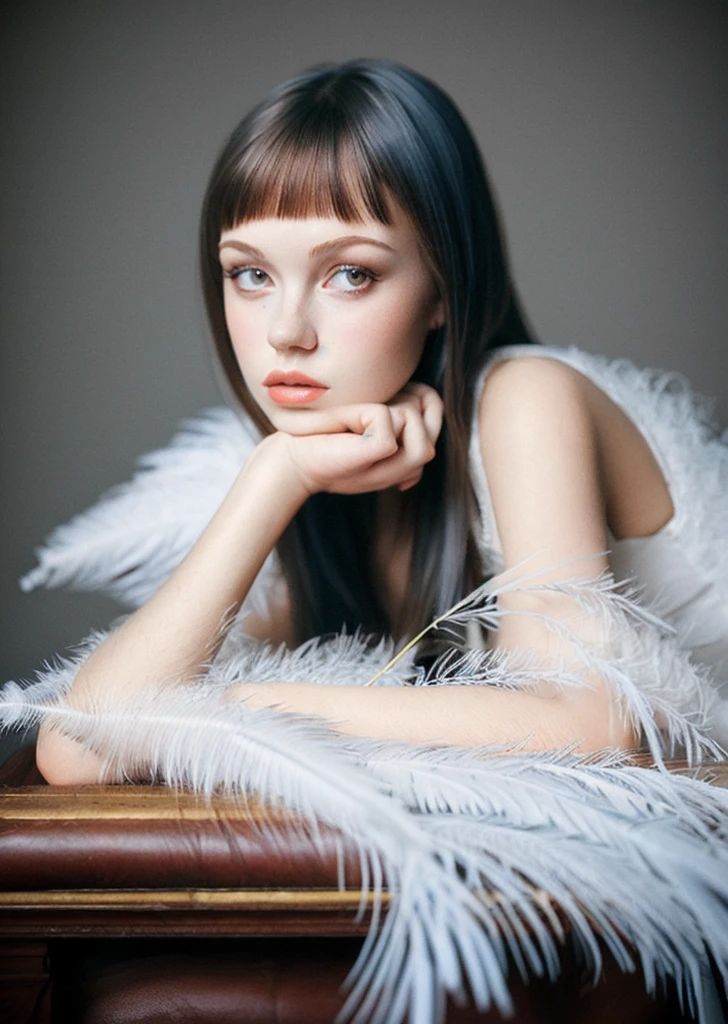 1girl, masterpiece, best quality, photorealistic,   feather_doulikui, sitting 